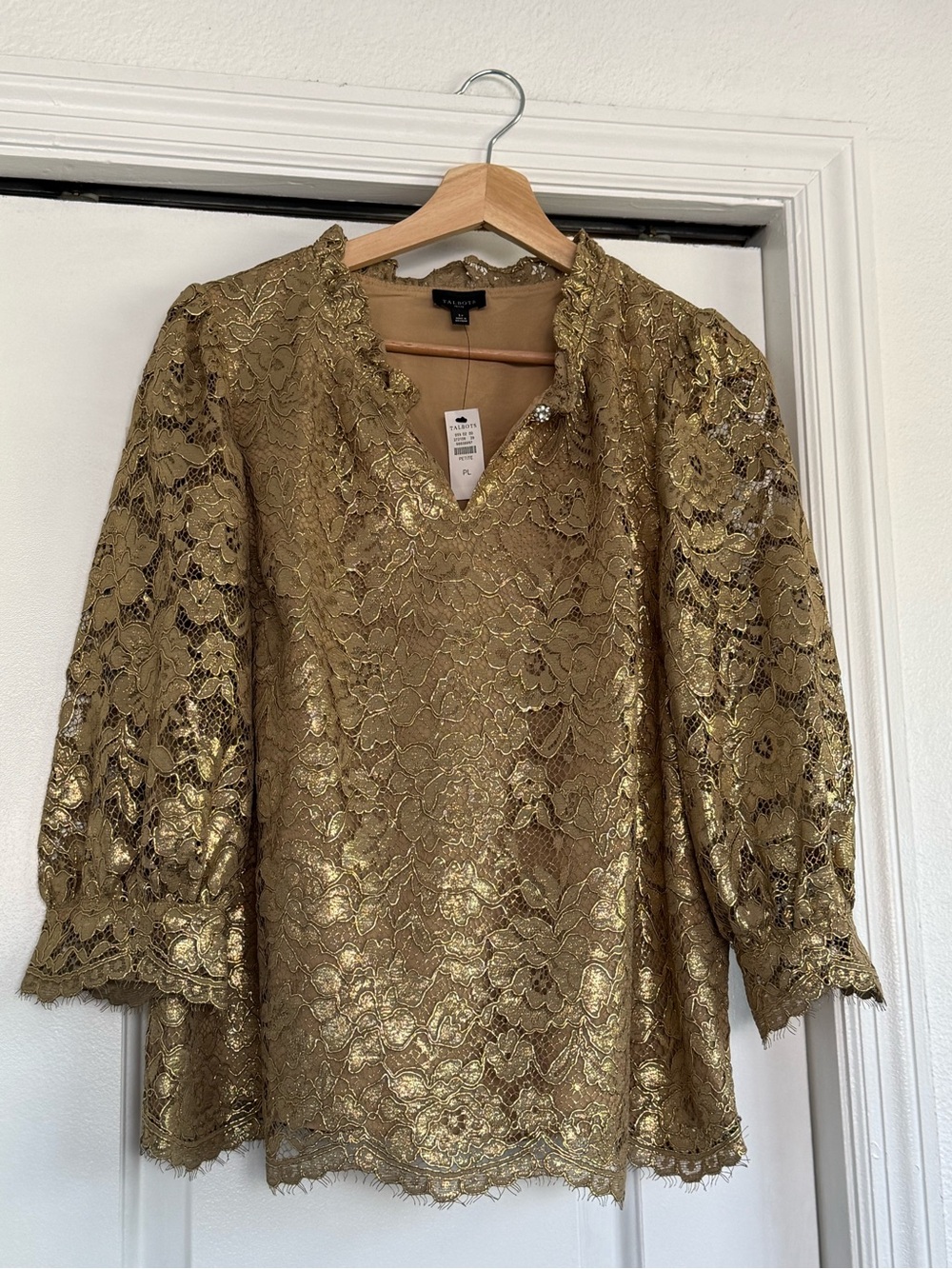 Talbots Metallic Gold Lace V-Neck Blouse